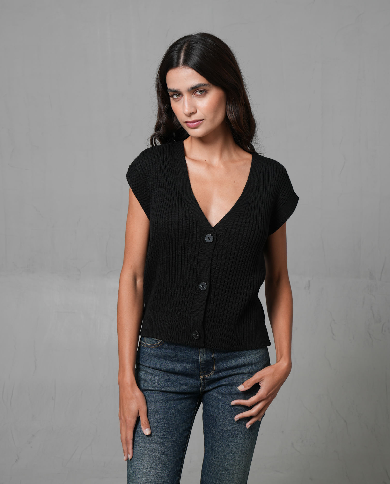 Chaleco acanalado de cuello en V para mujer