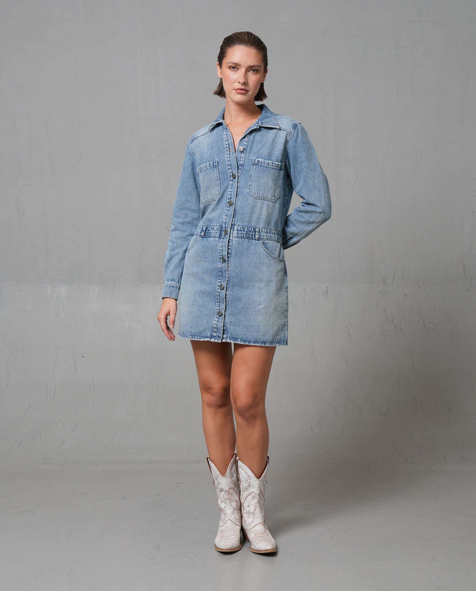 Vestido en denim con manga larga para mujer