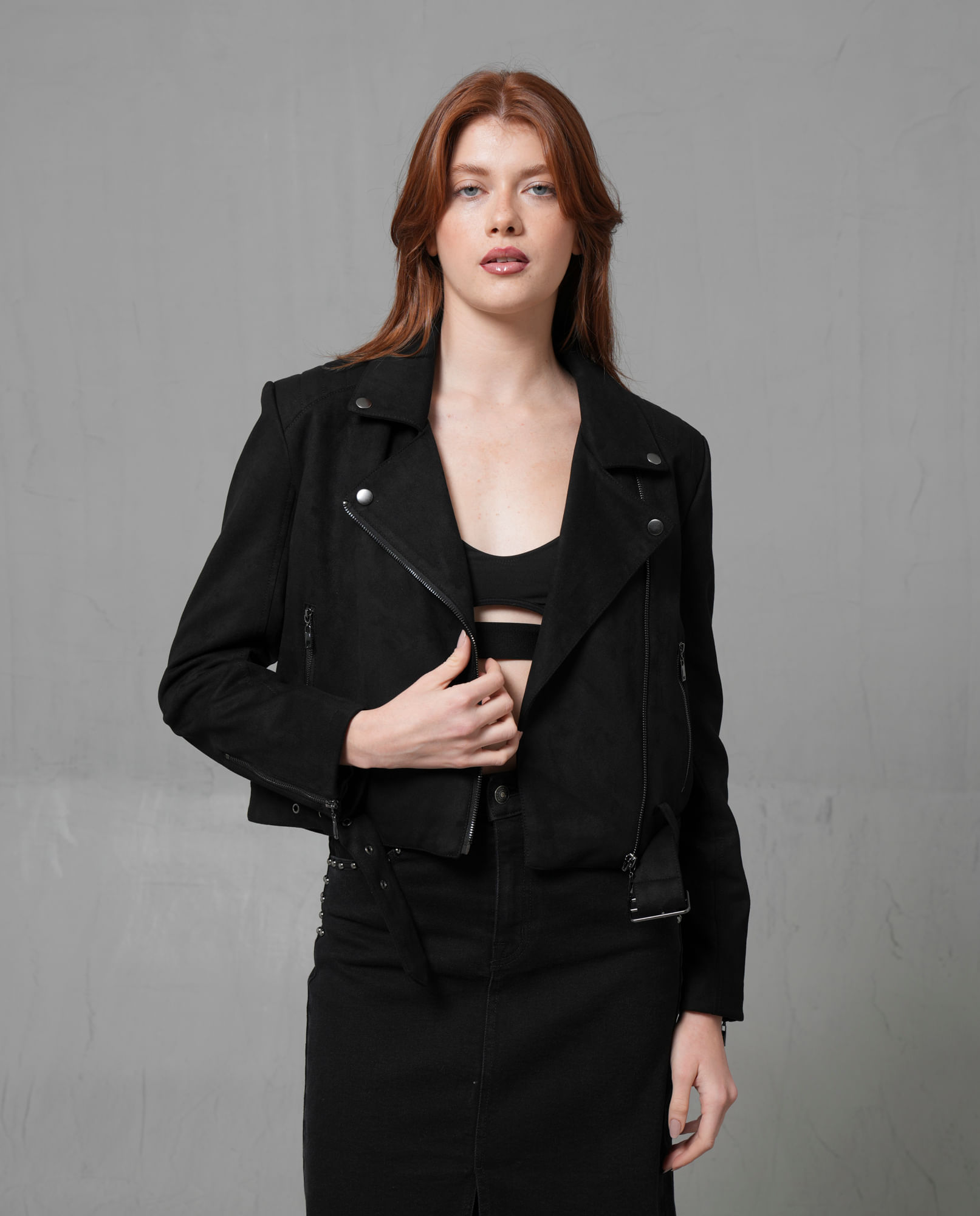 Chaqueta tipo biker con tejido en gamuza para mujer