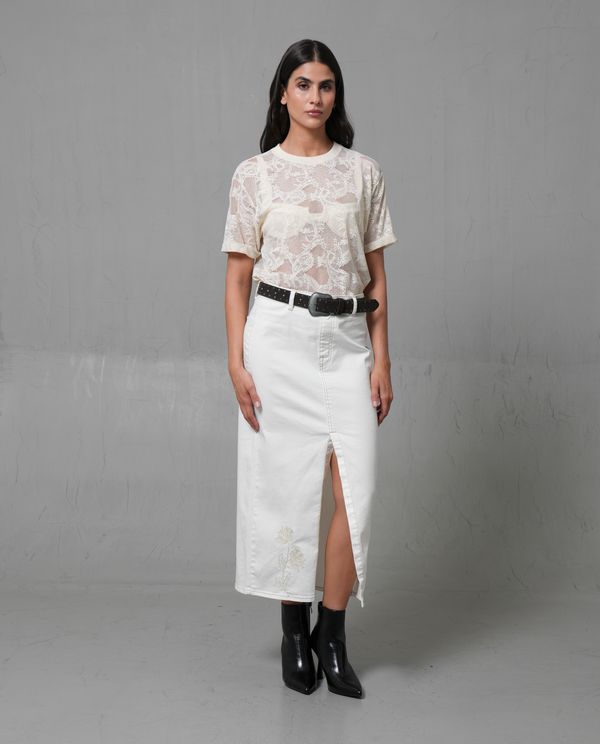 Falda con bordado floral y abertura frontal para mujer