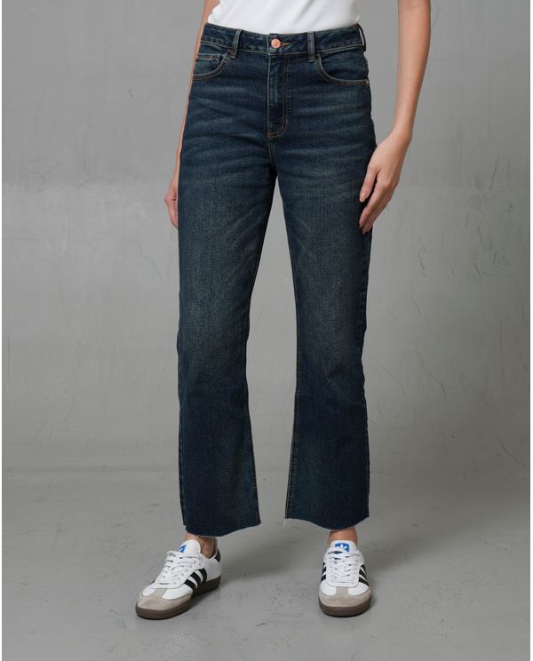 Jean Straight tiro alto en tono oscuro para mujer