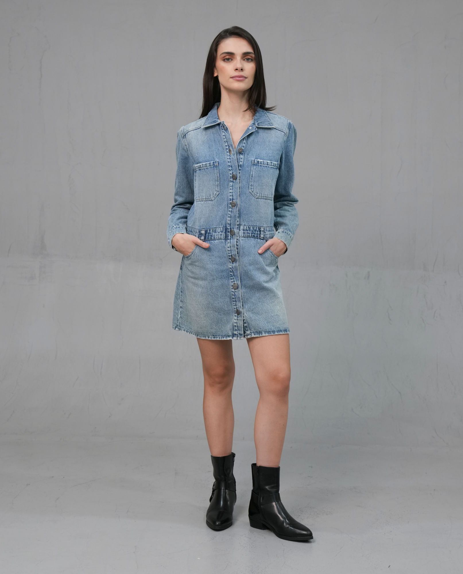 Vestido corto con manga larga y bolsillos tipo parche para mujer