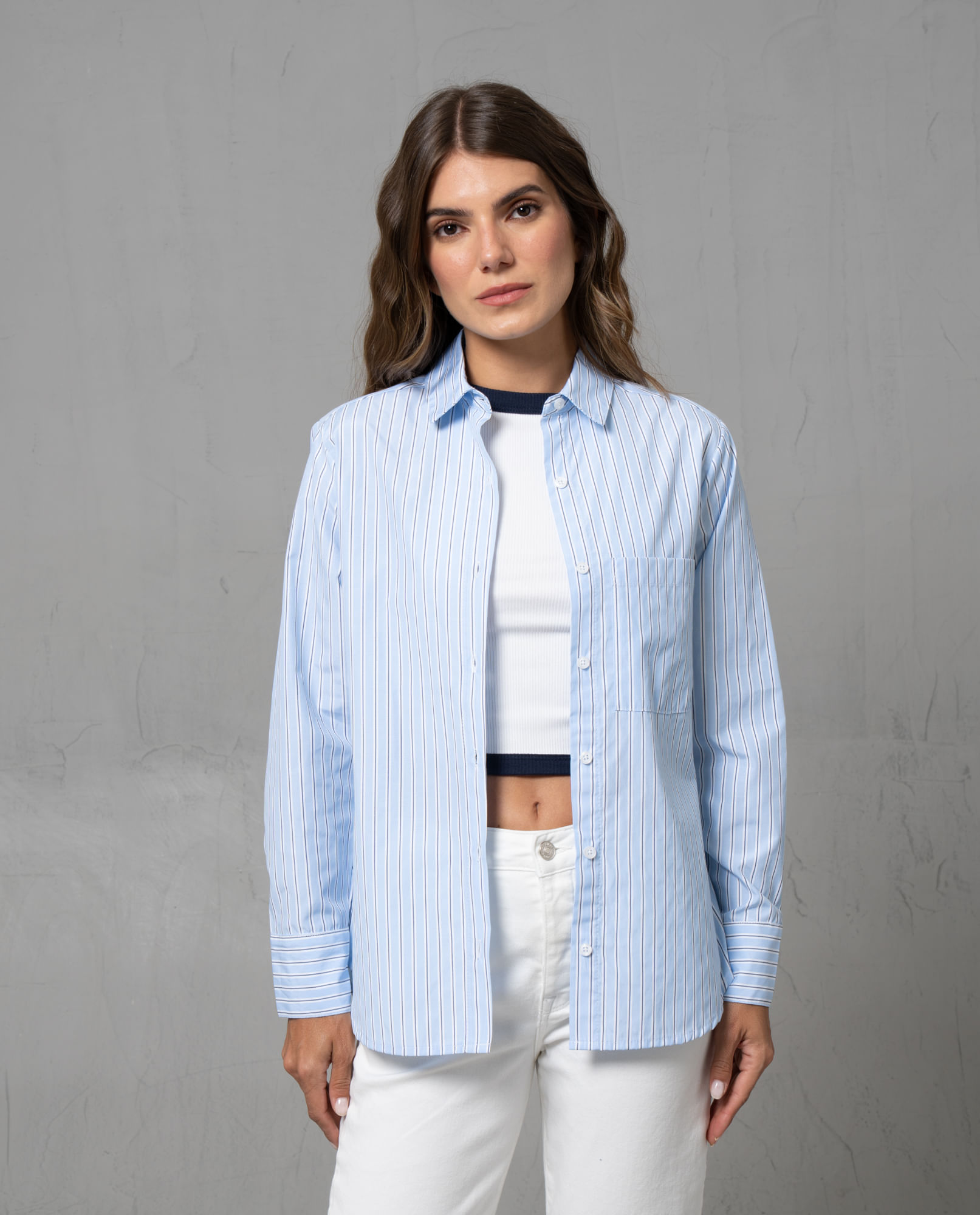 Camisa preteñida a rayas manga larga para mujer