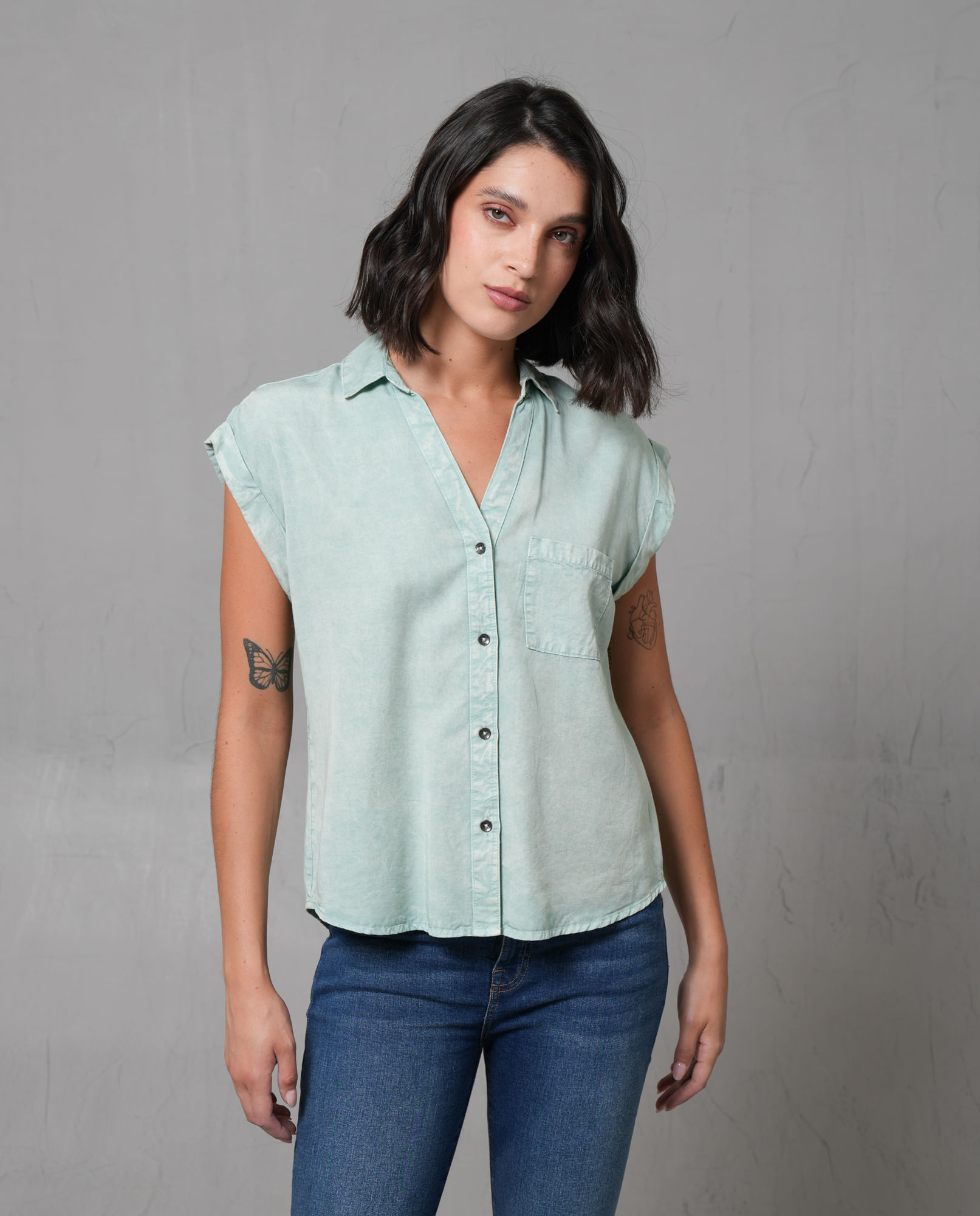 Camisa manga sisa con bolsillo para mujer